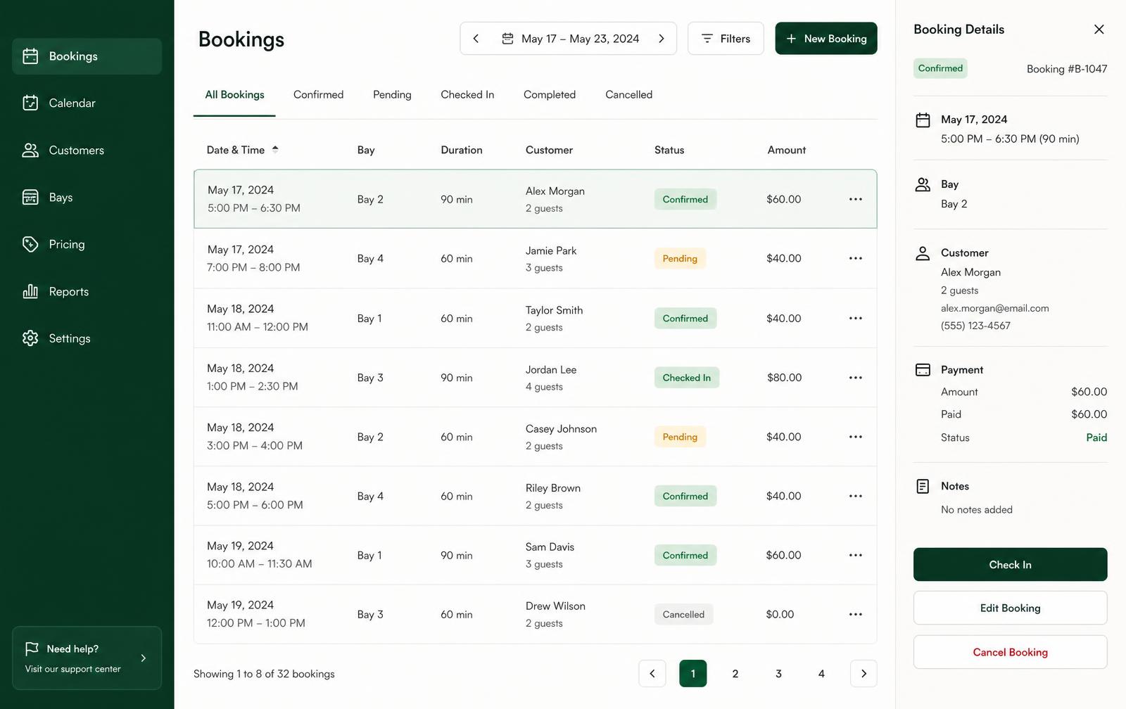 Booking management screen listing simulator bookings with date, bay, duration, guest count, status pills, and a side panel showing full booking details.