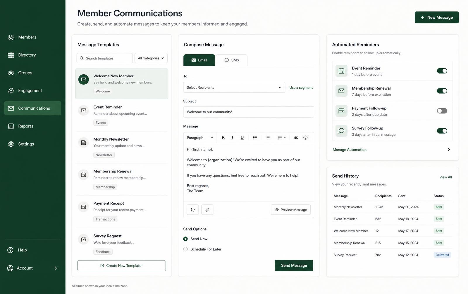 Member communications screen with message templates, an email and SMS composer, automated reminder toggles, and send history.