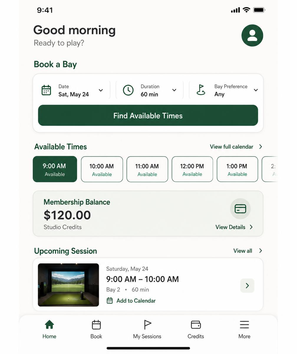 Member portal on a phone showing bay booking with available times, membership balance, and an upcoming simulator session.