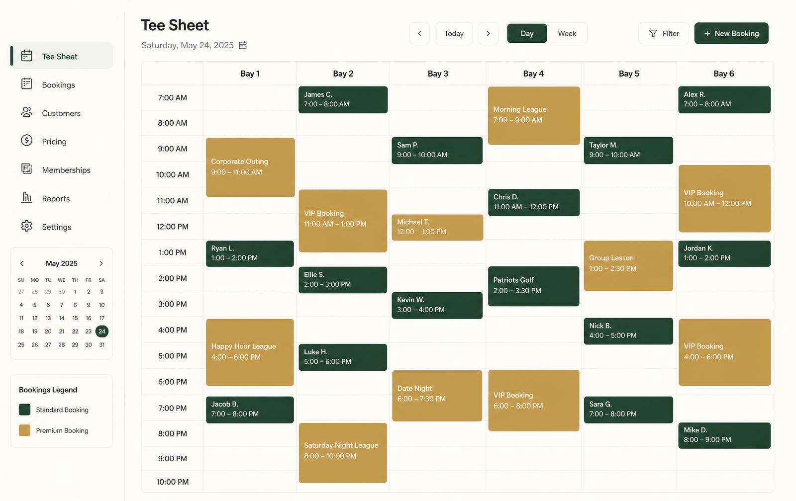 Visual tee sheet showing bookings across six simulator bays throughout the day.
